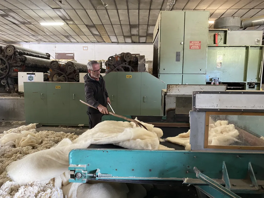 La laine est introduite manuellement dans l'unité de production