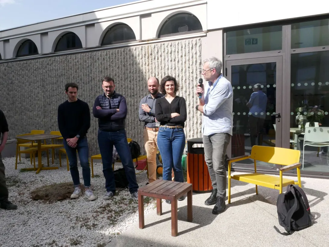 Les travaux de réhabilitation sont présentés par Benoit Maignial, accompagné de Marjorie Benech (Terrell), Patrick Callec (Immoblade), Bertrand Lapeyre (EGM), Théo Briane (BETSO)